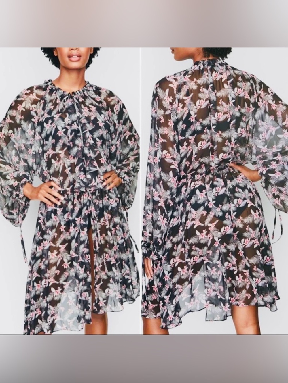 VICTORIA SECRET, Black Floral Chiffon Kimono Sheer Tie-Waist Duster Robe, XS/S